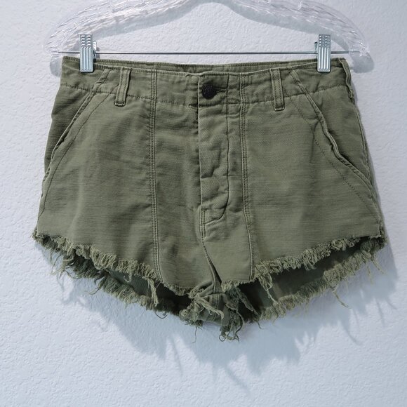 Free People Pants - Free People Women's Frayed Hem Denim Shorts High Rise Raw Standoff Moss Green 6